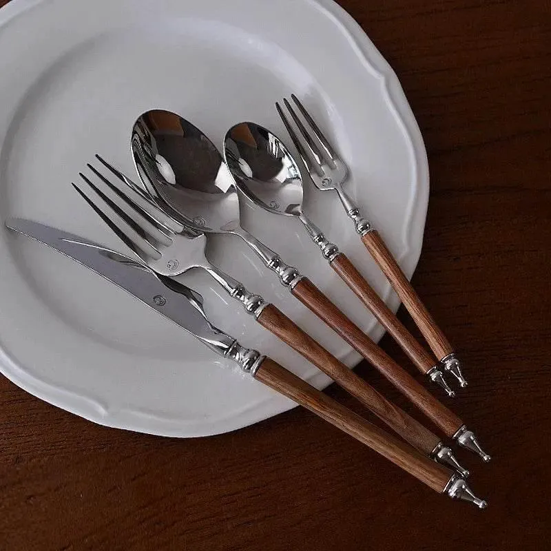 Stainless Steel Tableware Set - 5-Piece with Wood Handle
