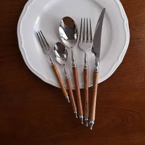 Stainless Steel Tableware Set - 5-Piece with Wood Handle
