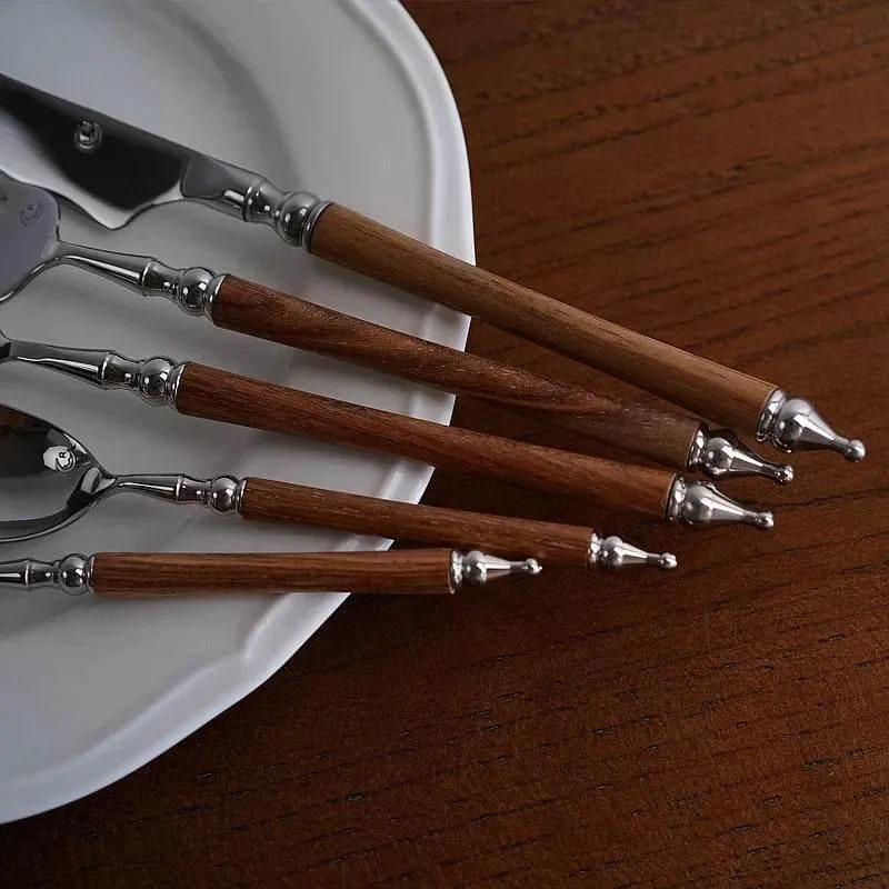 Stainless Steel Tableware Set - 5-Piece with Wood Handle