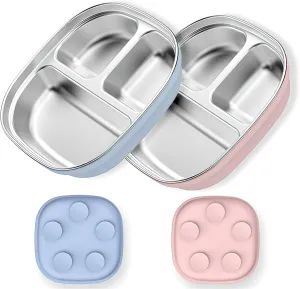 Stainless Steel Toddler Plates with Suction | Non-Slip Divided Baby Plates BPA Free & Non Toxic | Detachable Silicone Base| Dishwasher Safe | Unbreakable Kids Dinnerware 2-pack（Blue   pink）