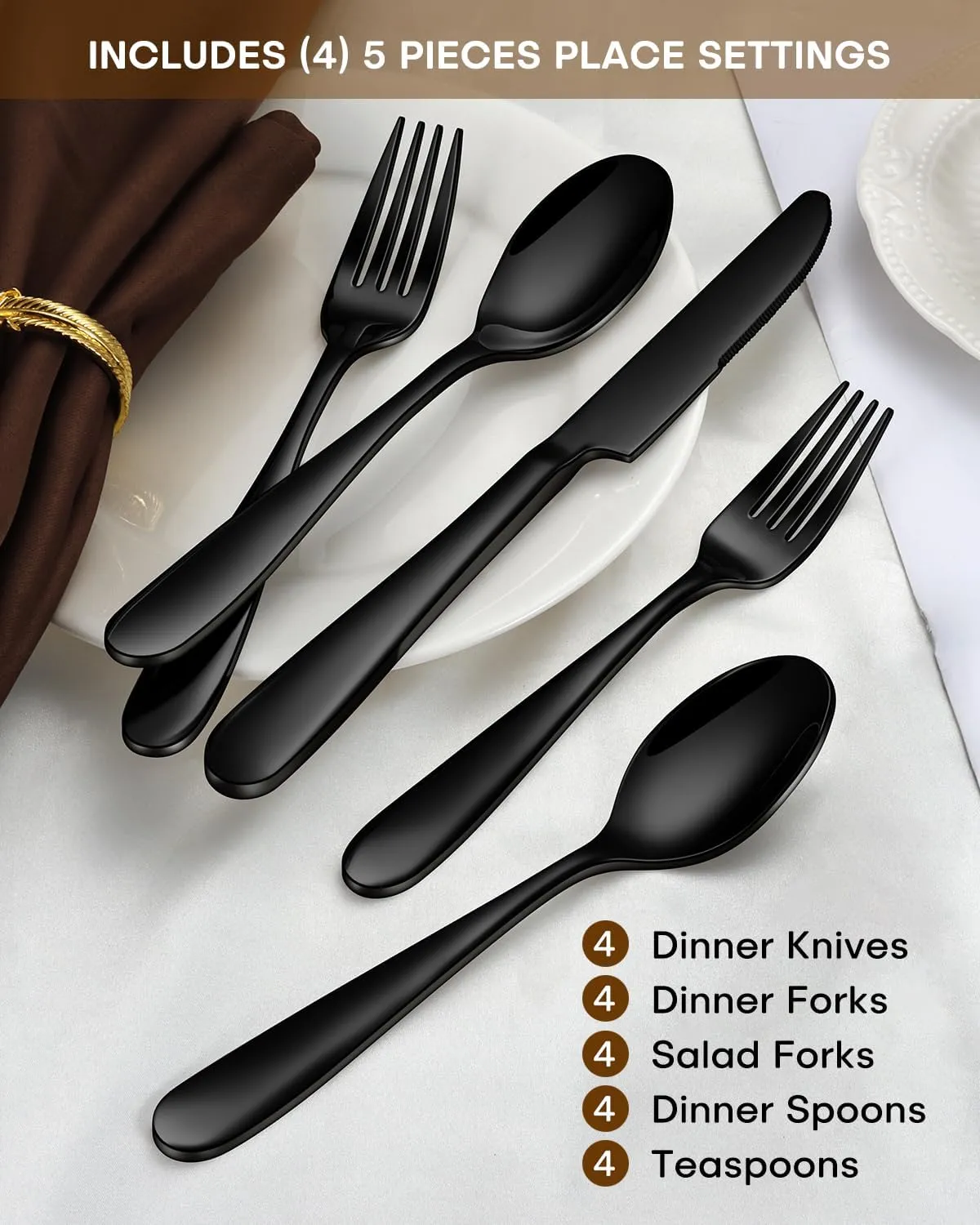 Stapava 20-Piece Black Silverware Set, Stainless Steel Food Grade Flatware Set for 4, Heavy Duty Mirror Tableware Cutlery Include Forks Spoons and Knives Set, Dishwasher Safe Utensils Set