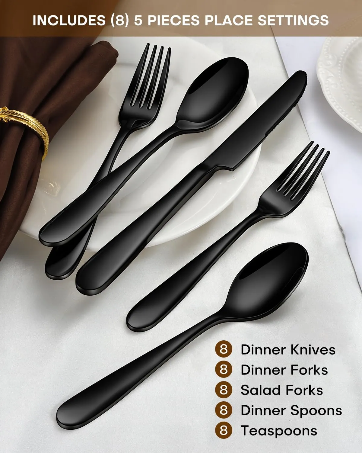 Stapava 40-Piece Black Silverware Set, Stainless Steel Food Grade Flatware Set for 8, Heavy Duty Utensils Cutlery Set for Home Restaurant and Hotel, Mirror Polished, Dishwasher Safe Tableware Set