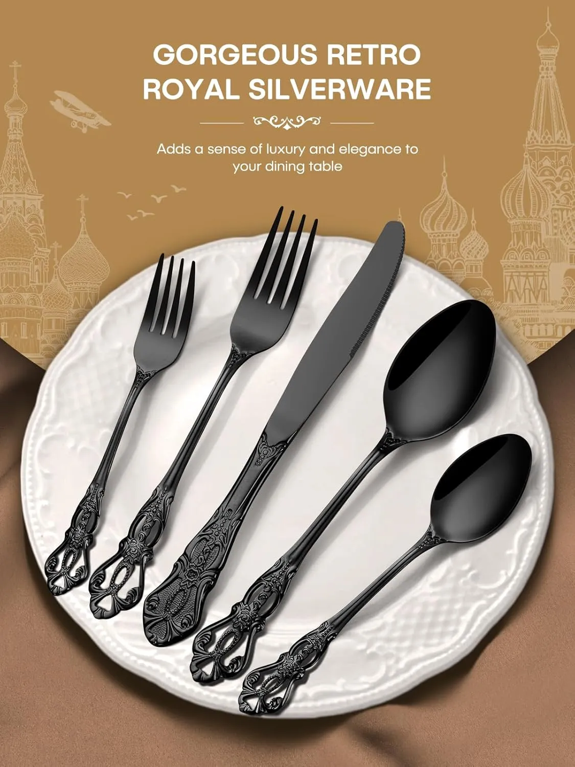 Stapava 48 Pcs Black Silverware Set with Steak Knives, Gorgeous Retro Royal Silverware Set for 8, Stainless Steel Mirror Flatware Cutlery Set, Include Forks Spoons and Knives set, Dishwasher Safe