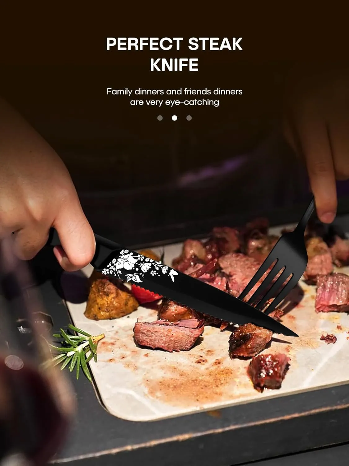 Stapava 48 Pcs Black Silverware Set with Steak Knives, Gorgeous Retro Royal Silverware Set for 8, Stainless Steel Mirror Flatware Cutlery Set, Include Forks Spoons and Knives set, Dishwasher Safe
