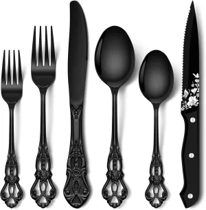 Stapava 48 Pcs Black Silverware Set with Steak Knives, Gorgeous Retro Royal Silverware Set for 8, Stainless Steel Mirror Flatware Cutlery Set, Include Forks Spoons and Knives set, Dishwasher Safe