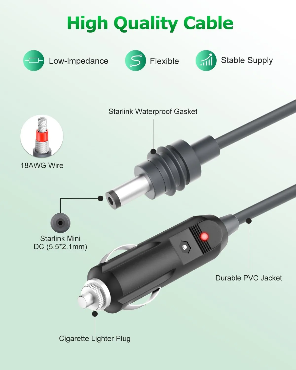 Starlink Mini Car Adapter 12V Starlink Mini DC Power Cable Cigarette Lighter 12V-24V DC Power Cord Direct to Car Charger Cigarette Lighter Plug and Play for RV Trucks Buses Waterproof 18AWG 33FT/10M