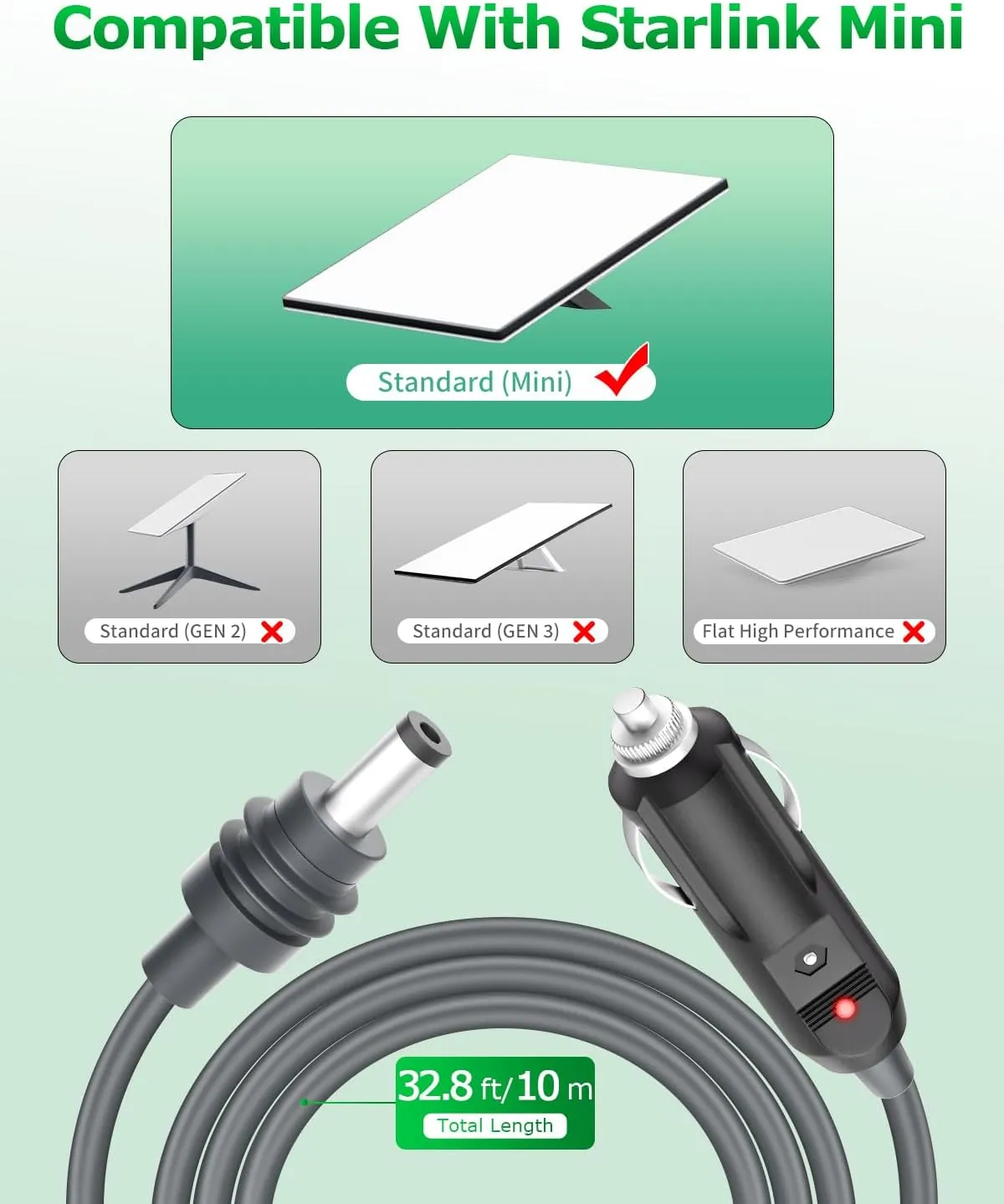Starlink Mini Car Adapter 12V Starlink Mini DC Power Cable Cigarette Lighter 12V-24V DC Power Cord Direct to Car Charger Cigarette Lighter Plug and Play for RV Trucks Buses Waterproof 18AWG 33FT/10M