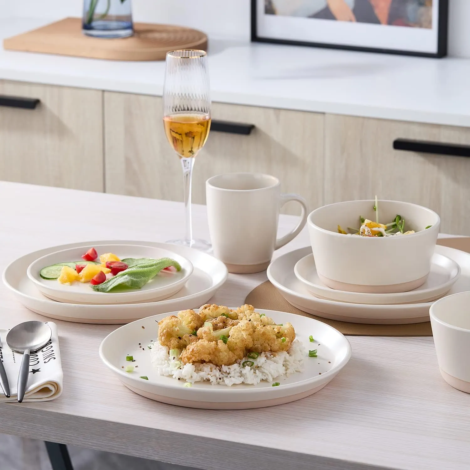 Stone Lain Jules Stoneware Dinnerware, Plates and Bowls, Dish Set for 4, Off White, Microwave & Dishwasher Safe, 16-Piece