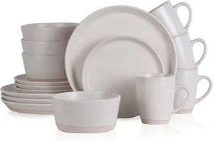 Stone Lain Jules Stoneware Dinnerware, Plates and Bowls, Dish Set for 4, Off White, Microwave & Dishwasher Safe, 16-Piece