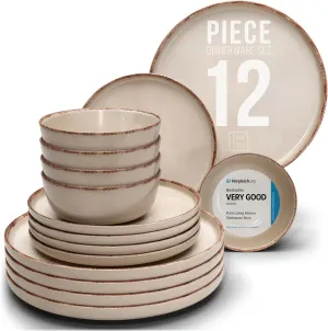 Stoneware dinnerware set 4 persons Rustic 12 pcs - Rustic design dinnerware set, dishwasher safe - Bowl and plate set - Pure Living dinnerware in beige…