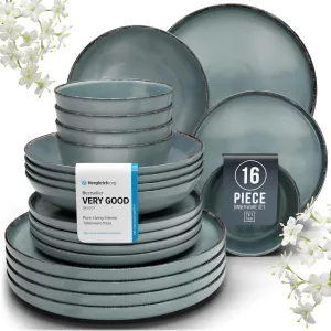 Stoneware dinnerware set 4 persons Rustic 16 pcs - Rustic design dinnerware set, dishwasher safe - Bowl and plate set - Pure Living dinnerware in smoky blue…