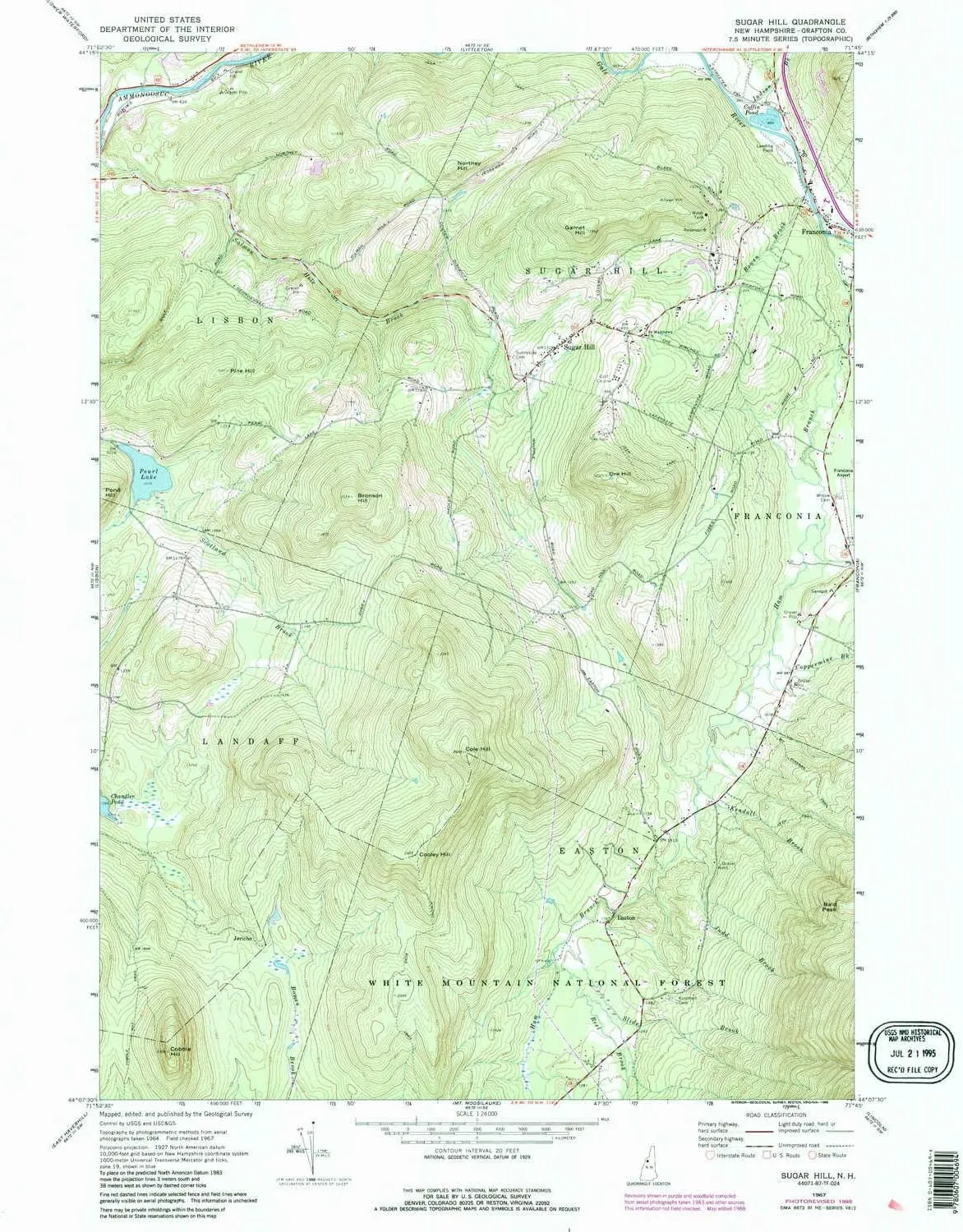 Sugar Hill NH topo map, 1:24000 Scale, 7.5 X 7.5 Minute, Historical, 1967, Updated 1988, 26.8 x 21.6 in