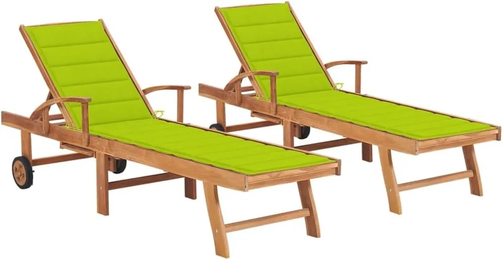Sun Loungers 2 pcs with Bright Green Cushion Solid Wood Teaktanning Chair Camping Chairs Patio Recliner Suitable for Garden Courtyard