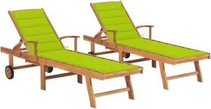 Sun Loungers 2 pcs with Bright Green Cushion Solid Wood Teaktanning Chair Camping Chairs Patio Recliner Suitable for Garden Courtyard