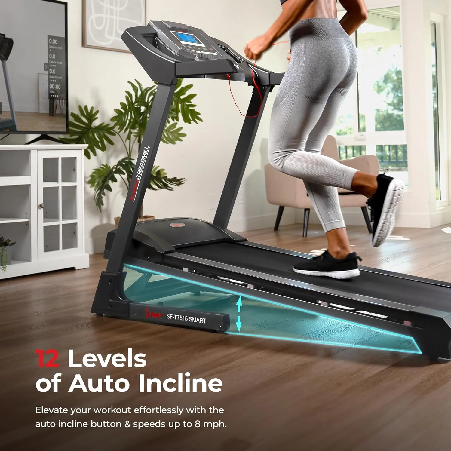 Sunny Health & Fitness Premium Foldable Treadmill for Home, Running or Walking with Auto Incline, Shock Absorption, Digital Display, Optional 20” Running Deck, Free SunnyFit App Bluetooth Connection
