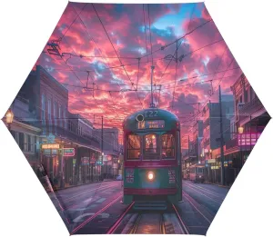 Sunset Streetcar Pattern Windproof Umbrella Auto Open Folding Umbrella, 6 Ribs Reverse Umbrella for Travel Golf Rain