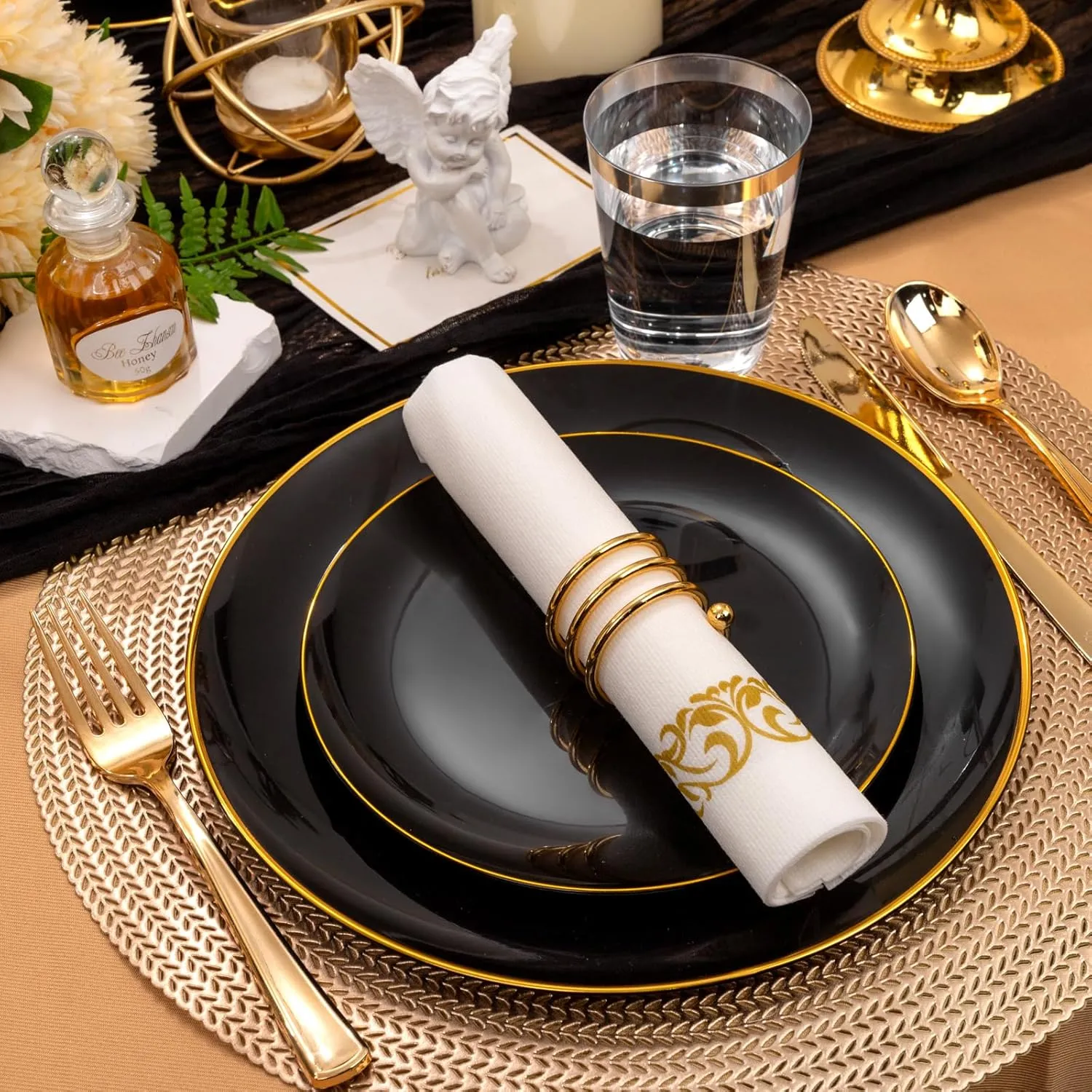 Supernal 350pcs Black & Gold Plastic Dinnerware Set, Elegant Black Plates with Golden Edges, Gold Plastic Silverware, Durable Tableware Perfect for Birthdays, Parties, Wedding, Celebration