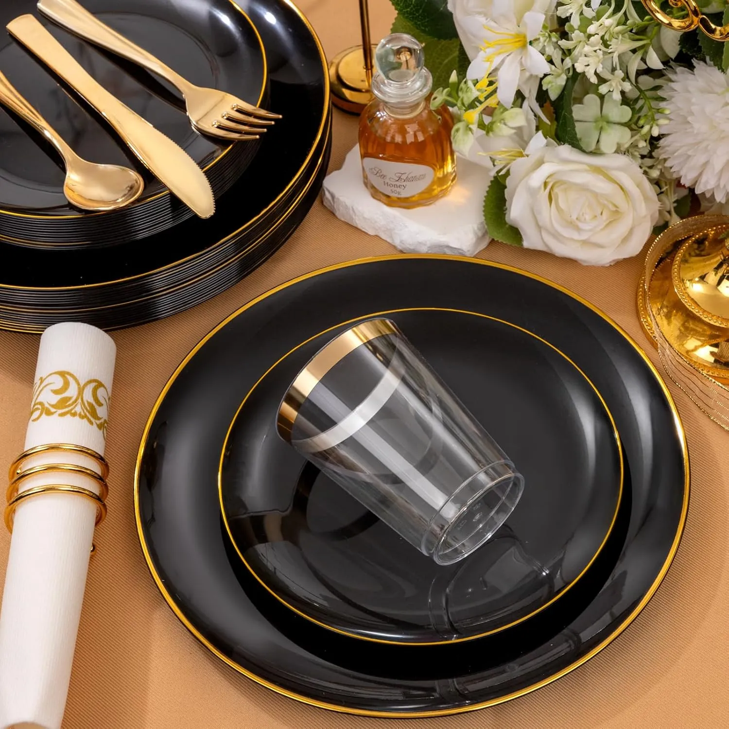 Supernal 350pcs Black & Gold Plastic Dinnerware Set, Elegant Black Plates with Golden Edges, Gold Plastic Silverware, Durable Tableware Perfect for Birthdays, Parties, Wedding, Celebration