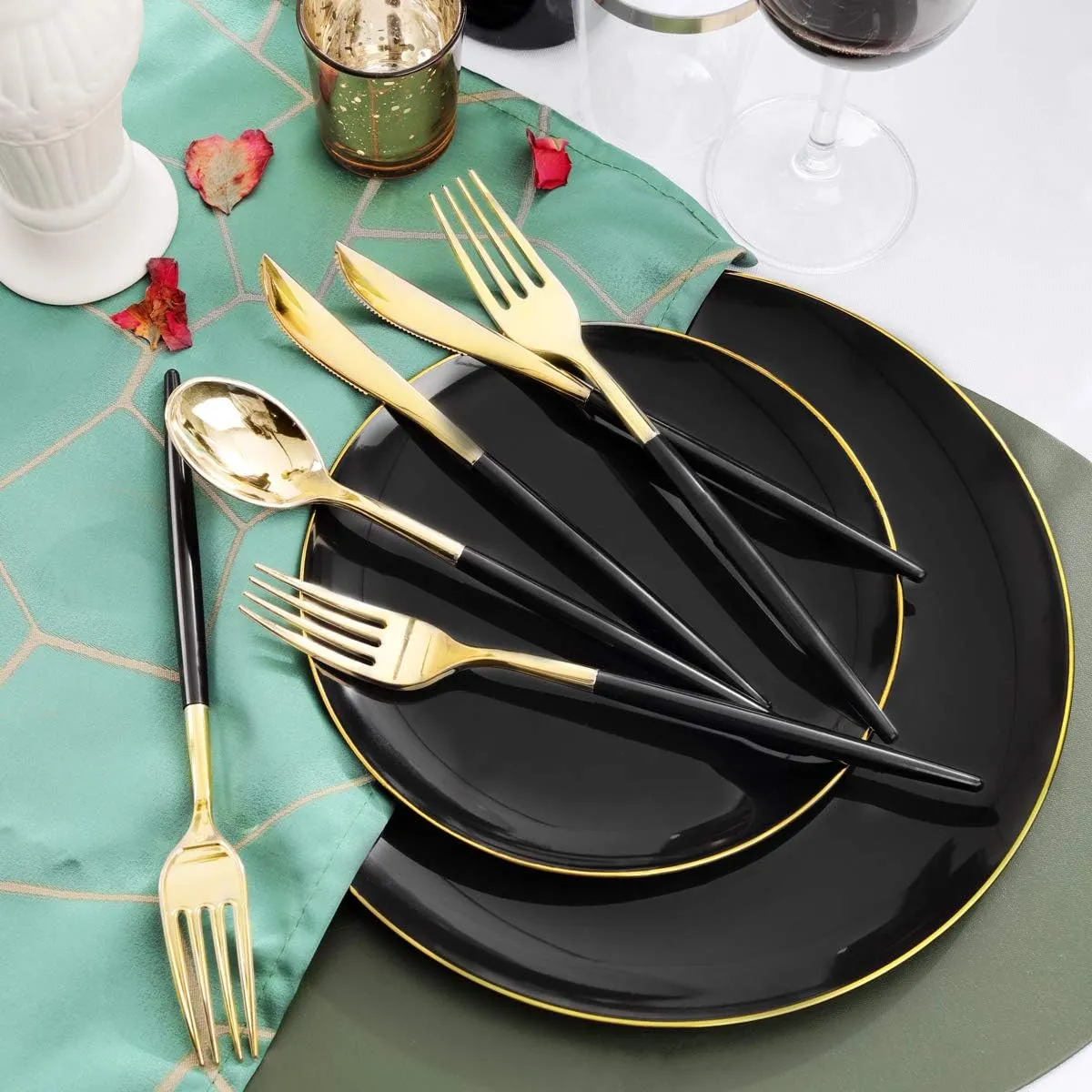 Supernal 350pcs Black Plastic Dinnerware Set,Black Plastic Plates with Gold Rim,Black and Gold Plastic Plates,Gold Plastic Silverware,Wedding Party Plates,Plastic Cups with Gold Rim for Christmas