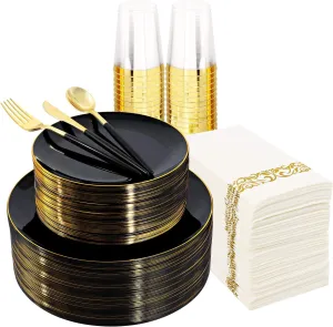Supernal 350pcs Black Plastic Dinnerware Set,Black Plastic Plates with Gold Rim,Black and Gold Plastic Plates,Gold Plastic Silverware,Wedding Party Plates,Plastic Cups with Gold Rim for Christmas