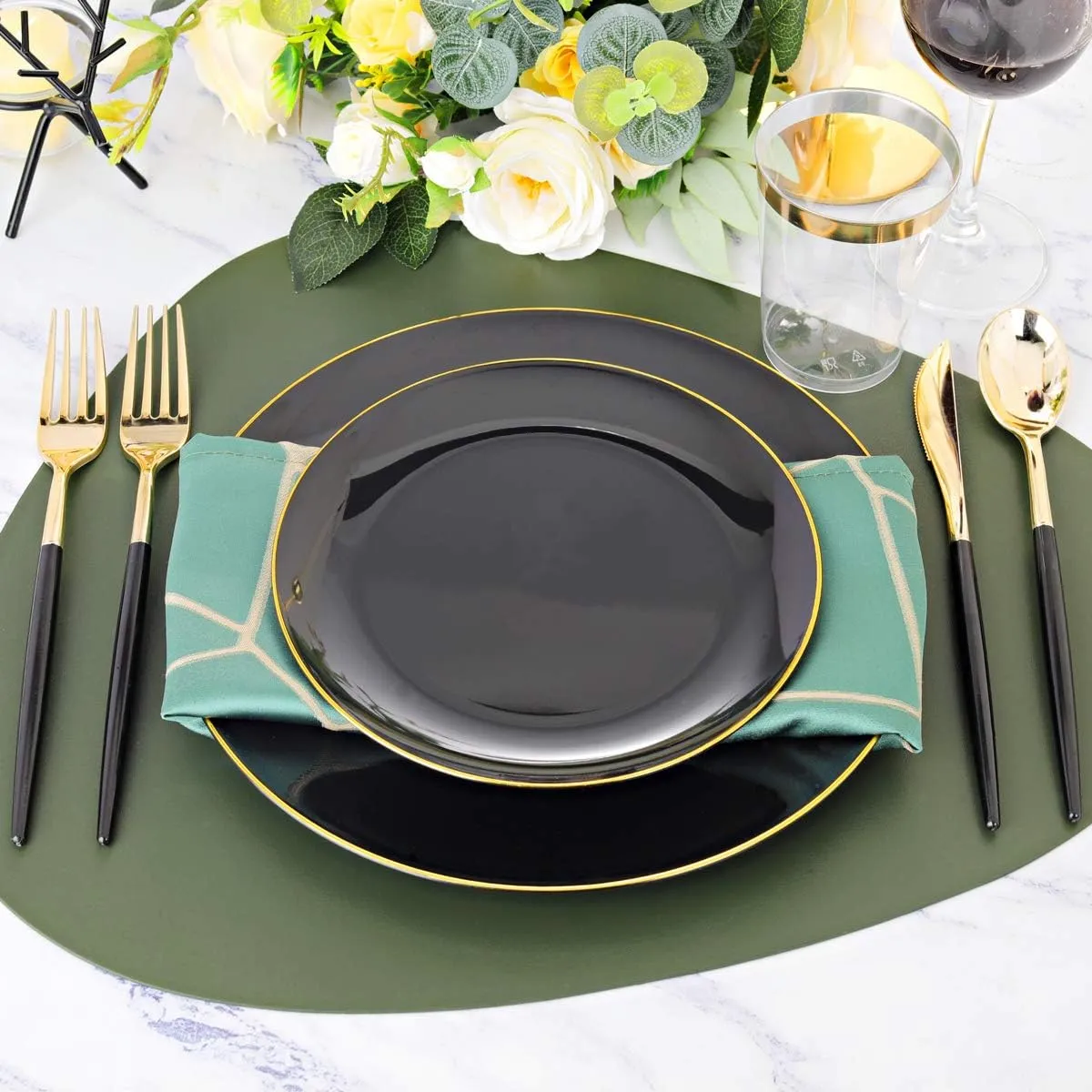 Supernal 350pcs Black Plastic Dinnerware Set,Black Plastic Plates with Gold Rim,Black and Gold Plastic Plates,Gold Plastic Silverware,Wedding Party Plates,Plastic Cups with Gold Rim for Christmas