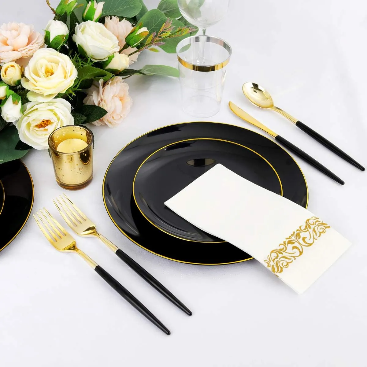 Supernal 350pcs Black Plastic Dinnerware Set,Black Plastic Plates with Gold Rim,Black and Gold Plastic Plates,Gold Plastic Silverware,Wedding Party Plates,Plastic Cups with Gold Rim for Christmas