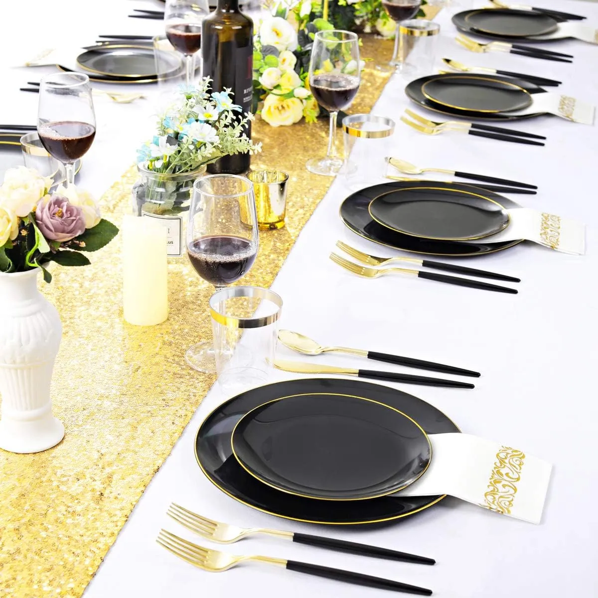 Supernal 350pcs Black Plastic Dinnerware Set,Black Plastic Plates with Gold Rim,Black and Gold Plastic Plates,Gold Plastic Silverware,Wedding Party Plates,Plastic Cups with Gold Rim for Christmas
