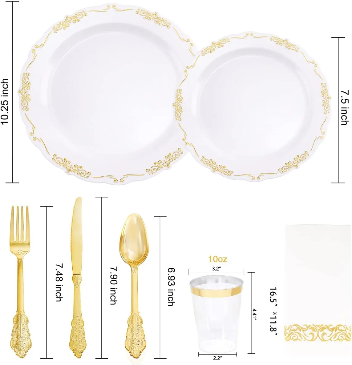 Supernal 800pcs Gold Plastic Dinnerware Set,100pcs 10.25" Dinner Plates,100pcs 7.5" Dessert Plates,400 Gold Plastic Silverware,100 Cups,100 Napkins,100 Guest Tableware set