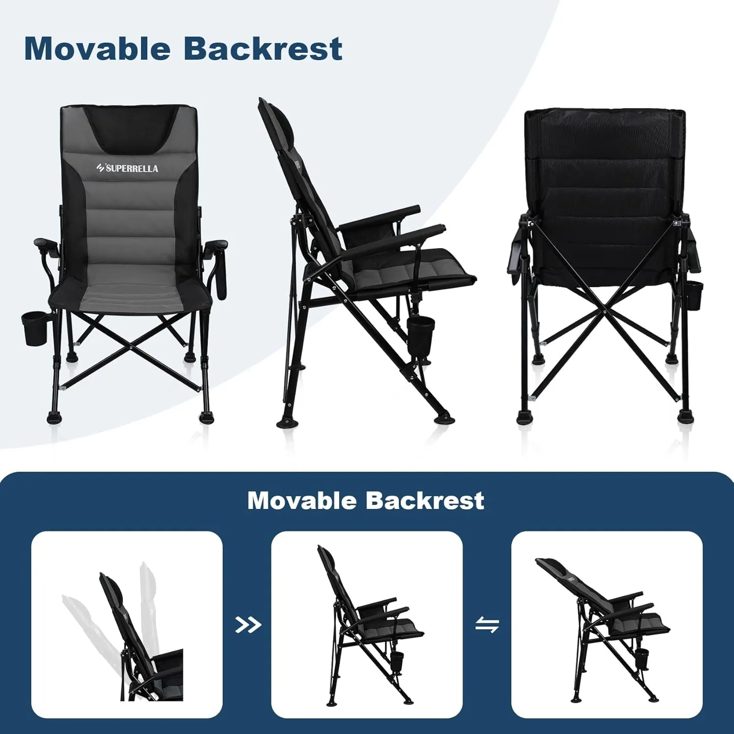 Supperella Movable Backrest Camping Chair for Adults with Cup Holder Folding Lawn Chairs for Outdoor Activities, Sports, Travel & Picnic