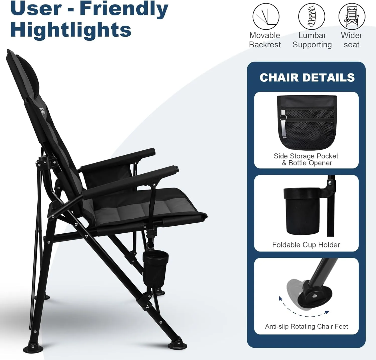 Supperella Movable Backrest Camping Chair for Adults with Cup Holder Folding Lawn Chairs for Outdoor Activities, Sports, Travel & Picnic