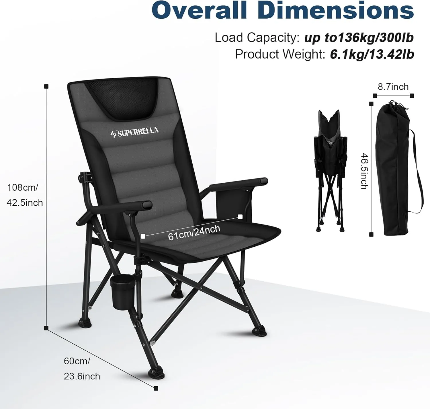 Supperella Movable Backrest Camping Chair for Adults with Cup Holder Folding Lawn Chairs for Outdoor Activities, Sports, Travel & Picnic