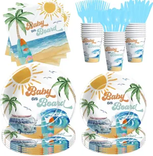 Surf Baby Shower Decorations Tableware, Baby On Board Baby Shower Decorations, Paper Plate, Cup, Napkin, Disposable Cutlery, Summer Wave Beach Surfing Party Supplies For Baby Shower | Serve 24