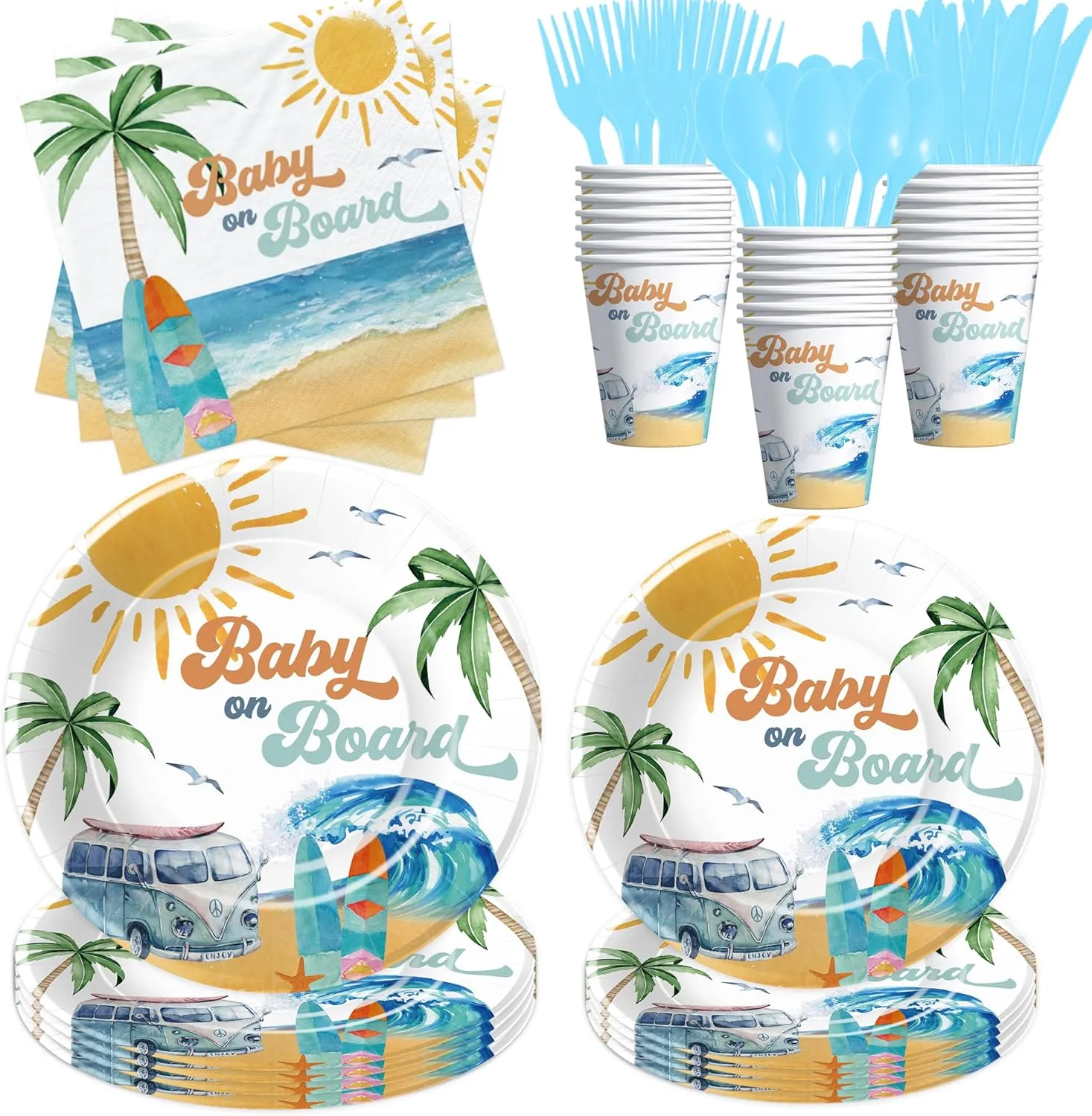 Surf Baby Shower Decorations Tableware, Baby On Board Baby Shower Decorations, Paper Plate, Cup, Napkin, Disposable Cutlery, Summer Wave Beach Surfing Party Supplies For Baby Shower | Serve 24