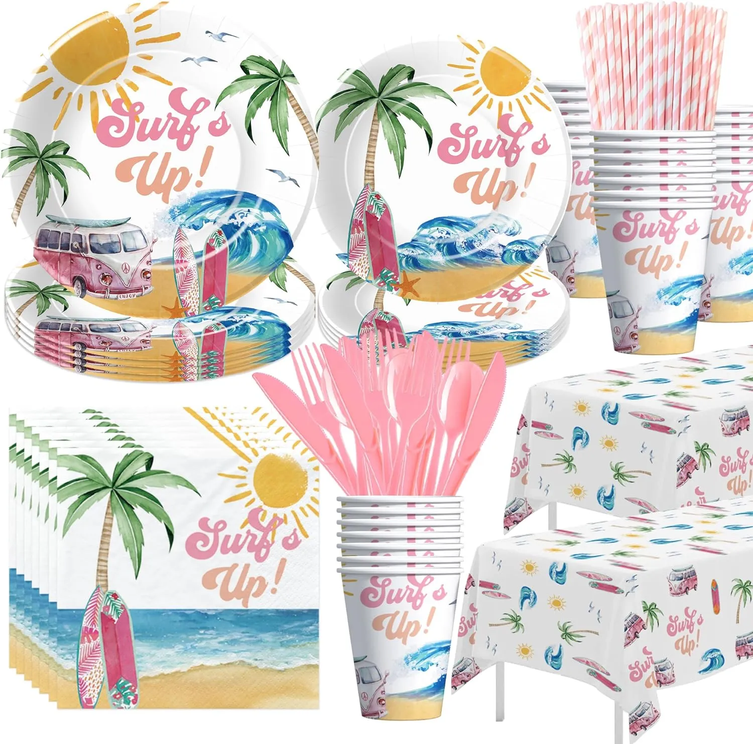 Surfs Up Party Decorations Tableware Girls - Pink Surf Birthday Party Supplies, Paper Plate, Cup, Napkin, Cutlery, Tablecloth, Summer Hawaiian Beach Surfing Birthday Decorations | Serve 24