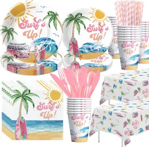 Surfs Up Party Decorations Tableware Girls - Pink Surf Birthday Party Supplies, Paper Plate, Cup, Napkin, Cutlery, Tablecloth, Summer Hawaiian Beach Surfing Birthday Decorations | Serve 24