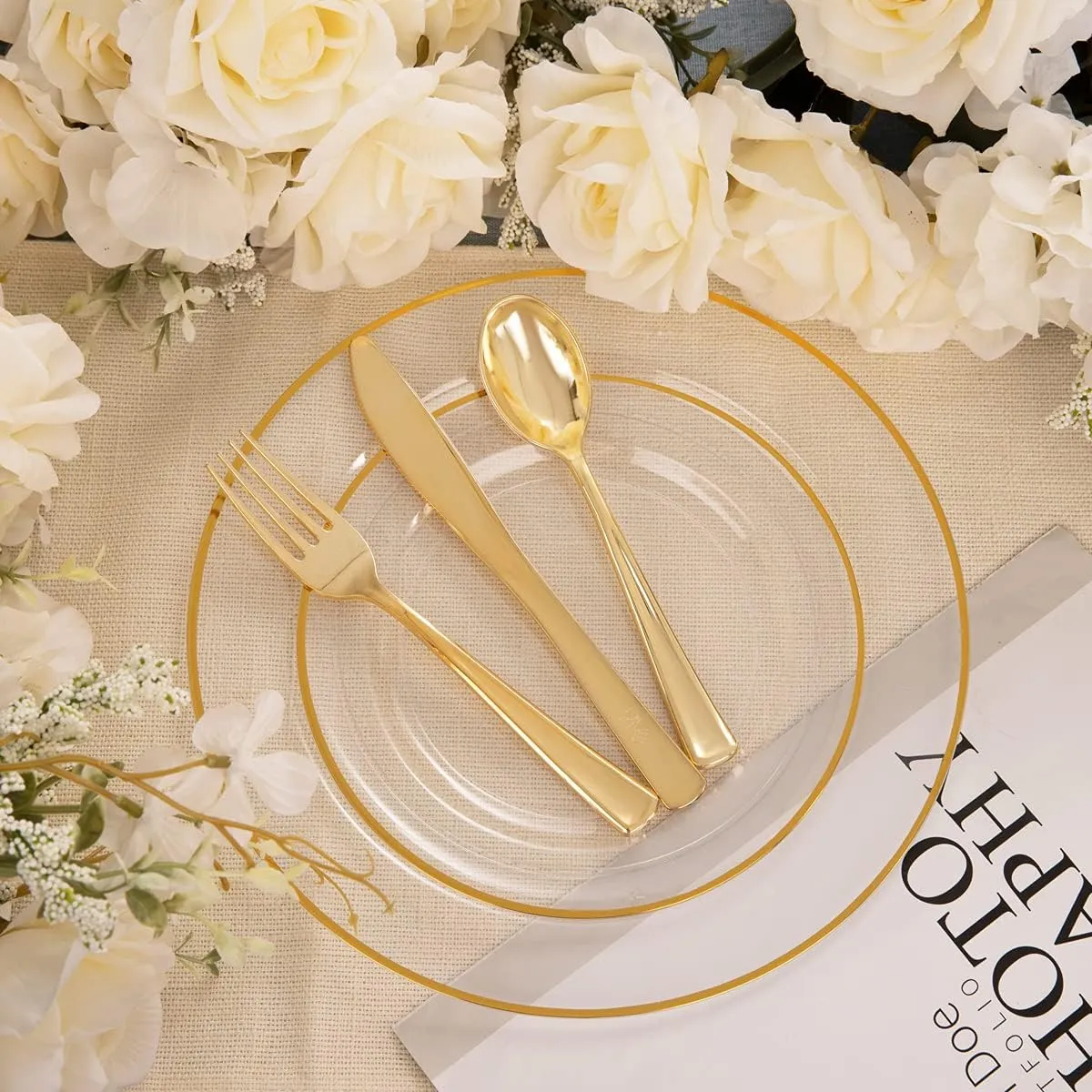 SUT 150 PCS Gold Plastic Dinnerware Set, Clear Gold Party Pack with Cups, Includes: 25 Dinner Plates, 25 Dessert Plates, 25 Cutlery, 25 Cups, Perfect for Wedding & Shower