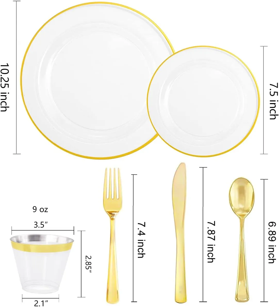 SUT 150 PCS Gold Plastic Dinnerware Set, Clear Gold Party Pack with Cups, Includes: 25 Dinner Plates, 25 Dessert Plates, 25 Cutlery, 25 Cups, Perfect for Wedding & Shower