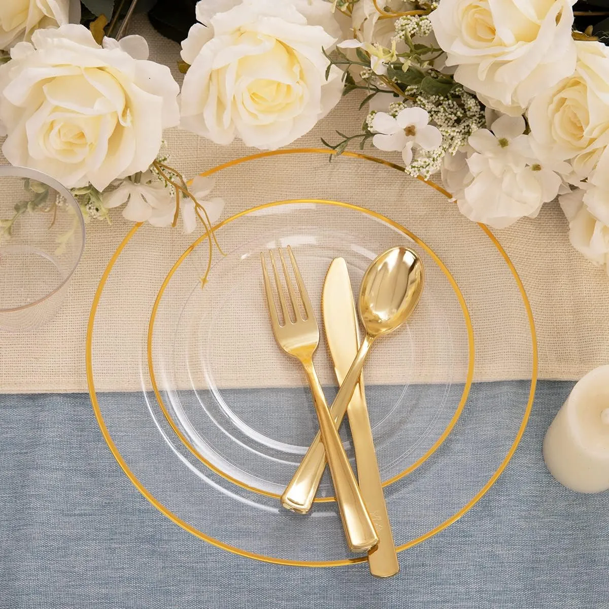 SUT 150 PCS Gold Plastic Dinnerware Set, Clear Gold Party Pack with Cups, Includes: 25 Dinner Plates, 25 Dessert Plates, 25 Cutlery, 25 Cups, Perfect for Wedding & Shower