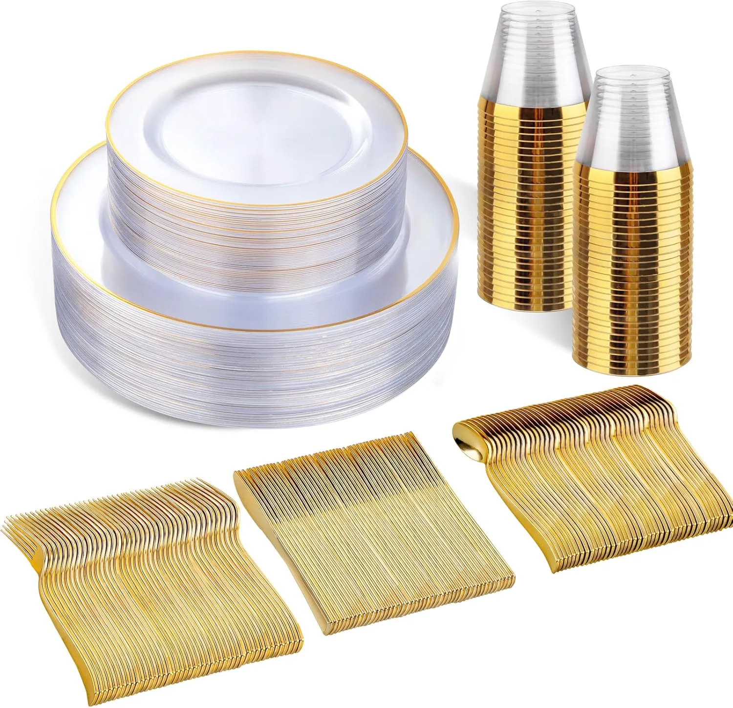SUT 150 PCS Gold Plastic Dinnerware Set, Clear Gold Party Pack with Cups, Includes: 25 Dinner Plates, 25 Dessert Plates, 25 Cutlery, 25 Cups, Perfect for Wedding & Shower