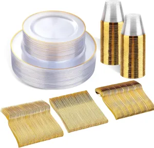 SUT 150 PCS Gold Plastic Dinnerware Set, Clear Gold Party Pack with Cups, Includes: 25 Dinner Plates, 25 Dessert Plates, 25 Cutlery, 25 Cups, Perfect for Wedding & Shower