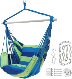 Sutekus Hammock Chair Hanging Rope Swing with 2 Cushions Hammock Chair Hanging Rope Swing with Steel Hardware Kit for Outdoor Patio, Bedroom, Porch, Deck (Blue)