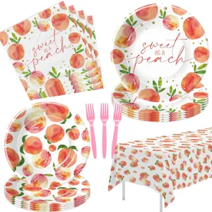 Sweet As A Peach Baby Shower Decorations - Fruit Theme Tableware, Plate, Napkin, Tablecloth, Disposable Fork, One Sweet Peach Birthday Decorations | Serves 24