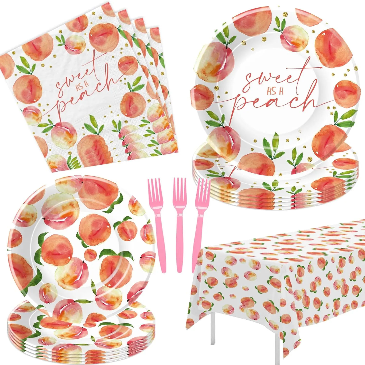Sweet As A Peach Baby Shower Decorations - Fruit Theme Tableware, Plate, Napkin, Tablecloth, Disposable Fork, One Sweet Peach Birthday Decorations | Serves 24