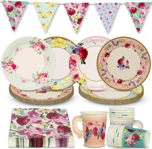 Talking Tables Floral Afternoon Tea Party Decorations for 16 Guests Disposable Tableware Set Pretty Paper Plates Napkins Teacups Bunting Tablecloth for Birthday Mother's Day Baby Shower