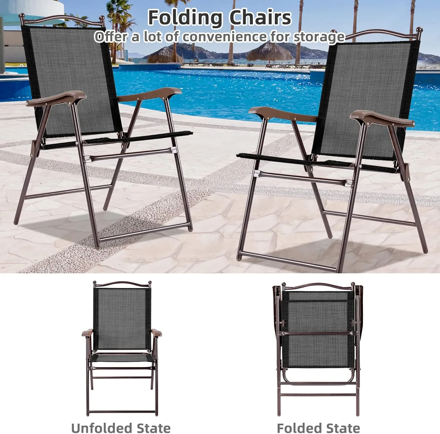 Tangkula Set of 2 Patio Folding Dining Chairs, Outdoor Sling Lawn Chairs with Armrests, Steel Frame, Portable Camping Lounge Chairs for Backyard, Deck, Poolside and Garden, No Assembly (1, Black)