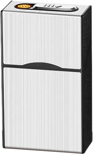 TARVIT Cigarette Case Module with Electric Lighter USB Rechargeable for Whole Package 100mm Cigarettes 20pcs,Flameless, Windproof,Moisture-Proof (Color : Silver Brushed)