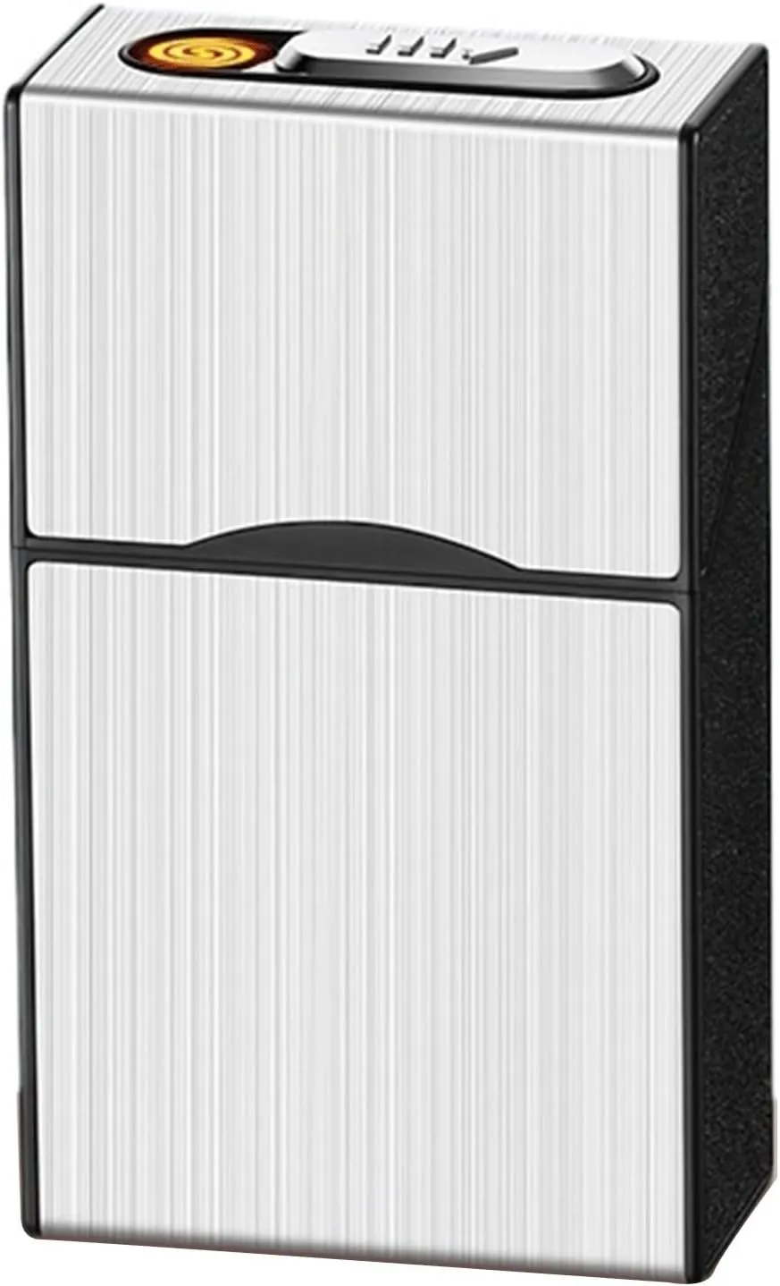 TARVIT Cigarette Case Module with Electric Lighter USB Rechargeable for Whole Package 100mm Cigarettes 20pcs,Flameless, Windproof,Moisture-Proof (Color : Silver Brushed)