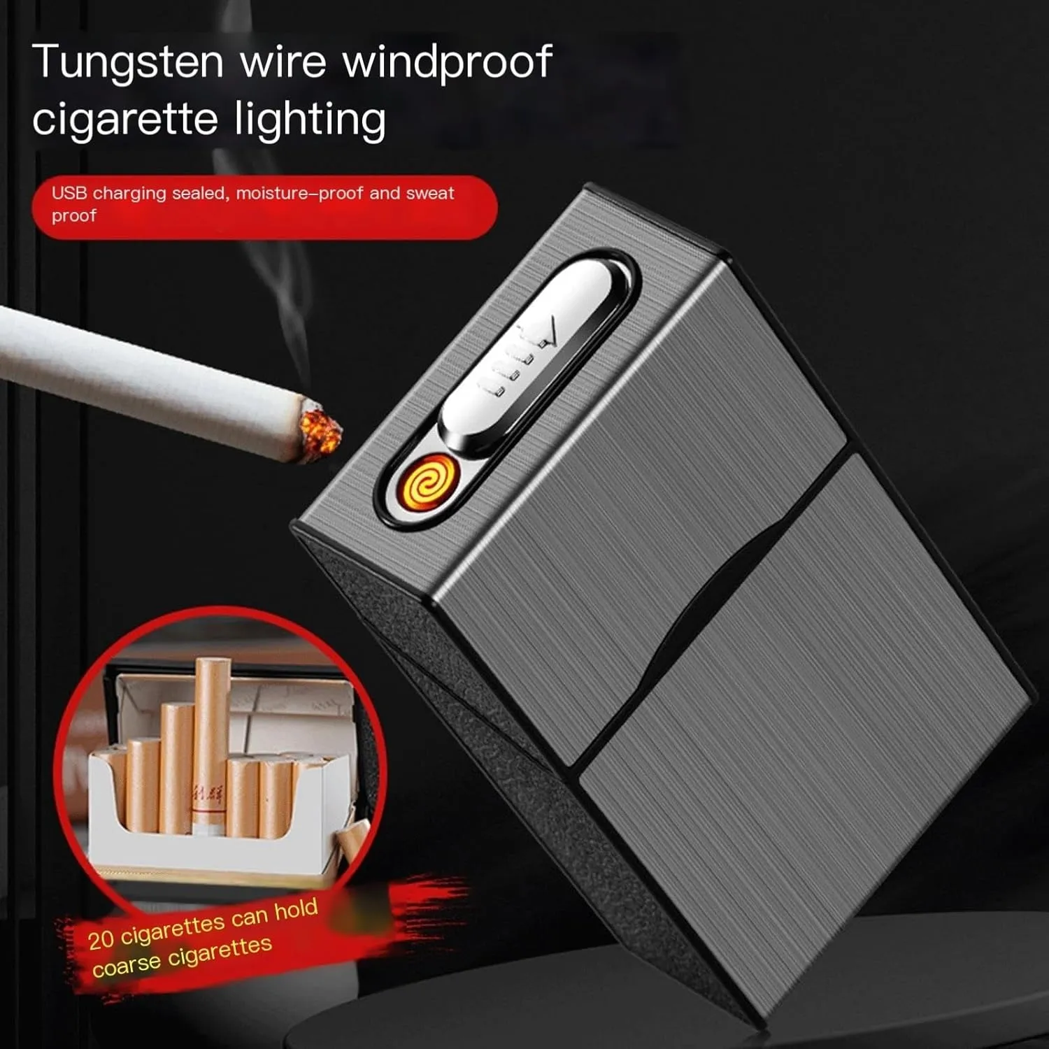 TARVIT Cigarette Case Module with Electric Lighter USB Rechargeable for Whole Package 100mm Cigarettes 20pcs,Flameless, Windproof,Moisture-Proof (Color : Silver Brushed)