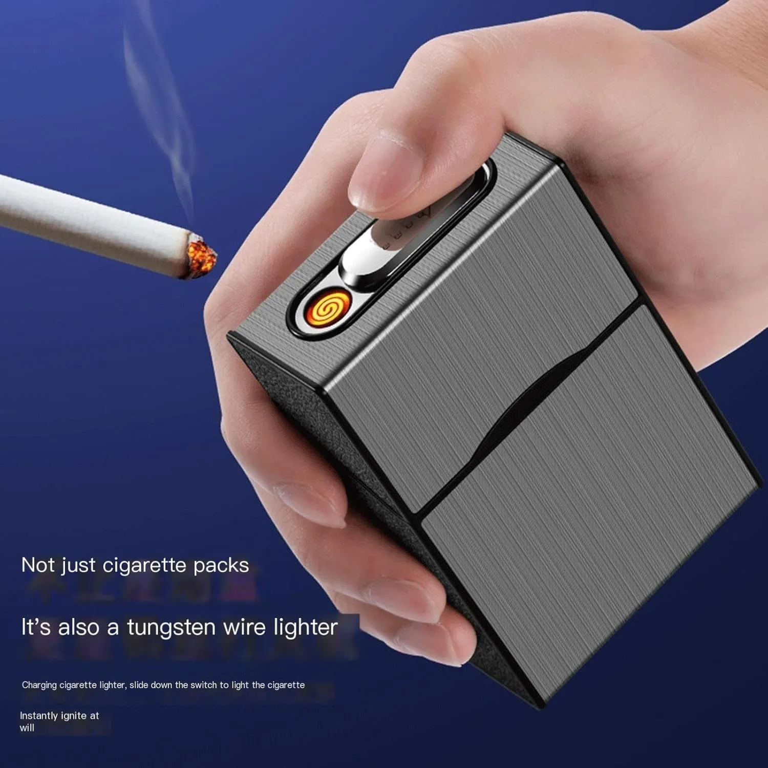 TARVIT Cigarette Case Module with Electric Lighter USB Rechargeable for Whole Package 100mm Cigarettes 20pcs,Flameless, Windproof,Moisture-Proof (Color : Silver Brushed)