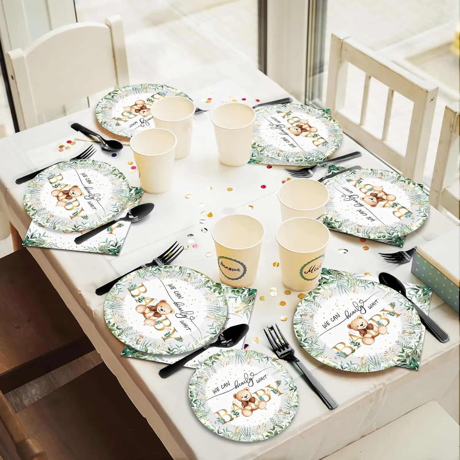Tevxj 96PCS Sage Green Bear Baby Shower Teddy Tableware Set We Can Bearly Wait Paper Plates Greenery Bear Party Plates Napkins Forks for Boy Gender Reveal Neutral Party Decorations Supplies 24 Guests
